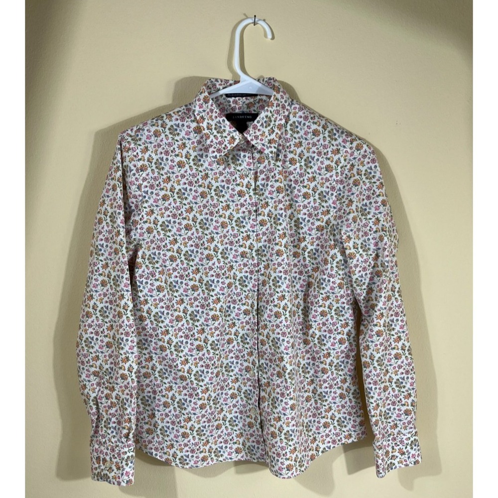 Lands' End Women's 10P Petite Non Iron Pinpoint Oxford Shirt Floral Long Sleeve - Picture 3 of 13